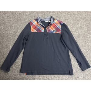 LL Bean 1/4 Button-Up Pullover Sweatshirt, Navy W/ Plaid Accent Women’s Large